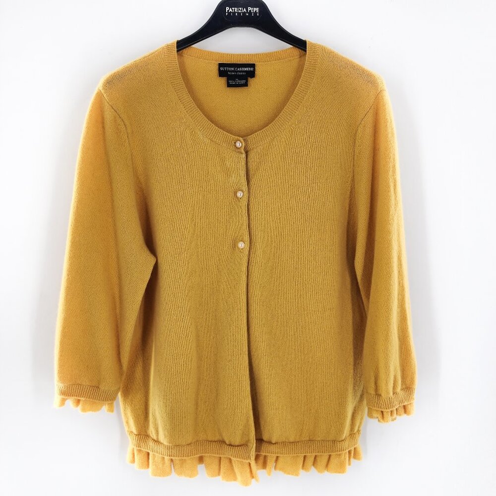 SUTTON CASHMERE 100% Cashmere Ruffle Trim Cardigan Pearl Buttons Yellow